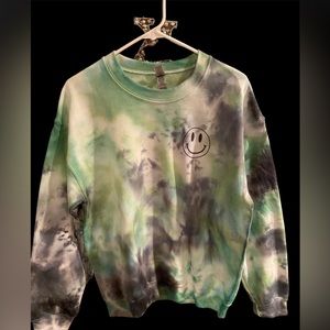 Green/white/black tie dye happy face sweatshirt